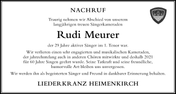 Traueranzeige von Rudi Meurer von Der Westallgäuer