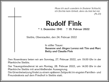 Traueranzeige von Rudolf Fink von Allgäuer Anzeigeblatt