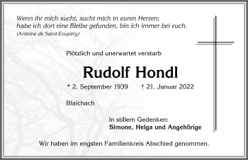 Traueranzeige von Rudolf Hondl von Allgäuer Anzeigeblatt