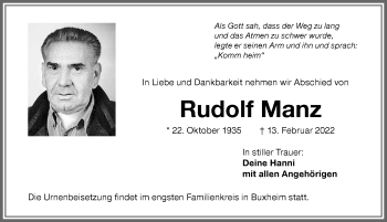 Traueranzeige von Rudolf Manz von Memminger Zeitung