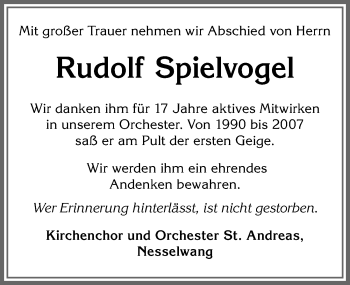 Traueranzeige von Rudolf Spielvogel von Allgäuer Zeitung, Füssen