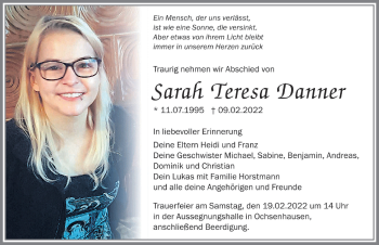 Traueranzeige von Sarah Teresa Danner von Memminger Zeitung