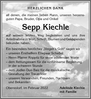 Traueranzeige von Sepp Kiechle von Allgäuer Anzeigeblatt