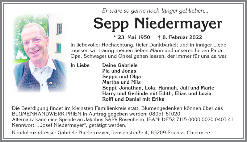  Traueranzeige für Sepp Niedermayer vom 12.02.2022 aus Allgäuer Zeitung, Marktoberdorf