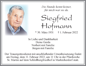 Traueranzeige von Siegfried Hofmann von Allgäuer Zeitung, Marktoberdorf