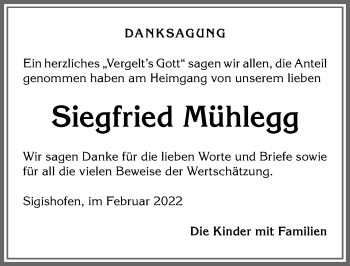 Traueranzeige von Siegfried Mühlegg von Allgäuer Anzeigeblatt