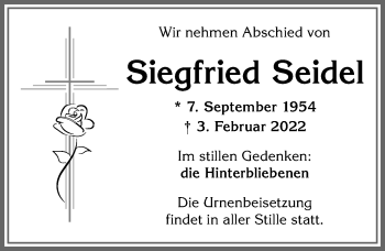 Traueranzeige von Siegfried Seidel von Allgäuer Zeitung,Kempten