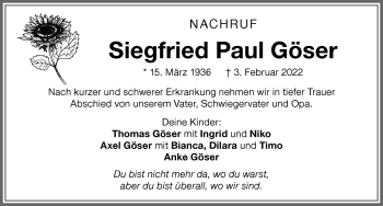 Traueranzeige von Siegfried Paul Göser von Memminger Zeitung