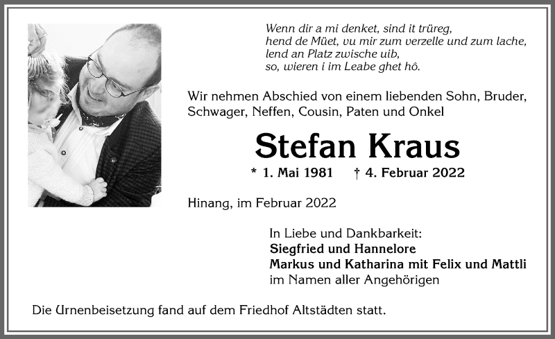  Traueranzeige für Stefan Kraus vom 21.02.2022 aus Allgäuer Anzeigeblatt