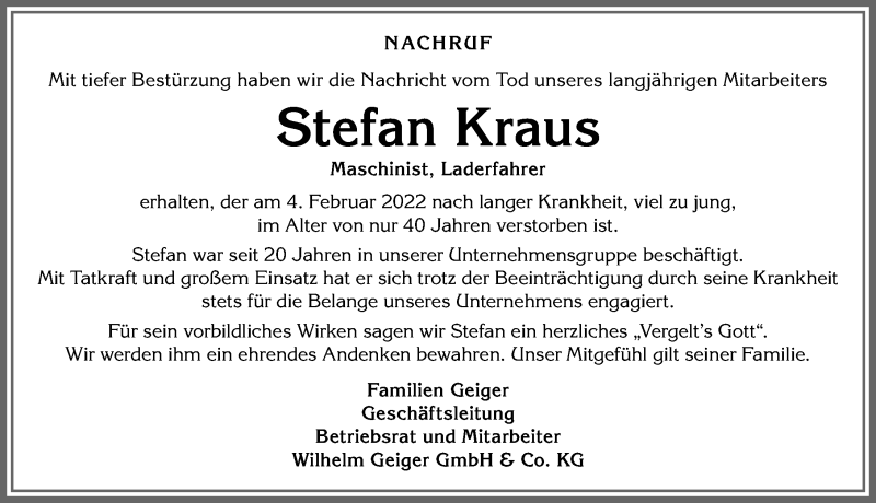  Traueranzeige für Stefan Kraus vom 21.02.2022 aus Allgäuer Anzeigeblatt