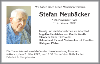 Traueranzeige von Stefan Neubäcker von Allgäuer Zeitung,Kempten