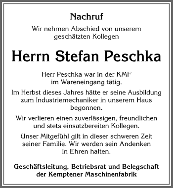 Traueranzeige von Stefan Peschka von Memminger Zeitung