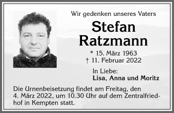 Traueranzeige von Stefan Ratzmann von Allgäuer Zeitung,Kempten