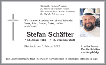 Traueranzeige von Stefan Schäfter von Allgäuer Anzeigeblatt