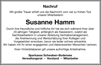 Traueranzeige von Susanne Hamm von Memminger Zeitung