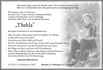 Traueranzeige von Thekla  von Allgäuer Zeitung, Füssen