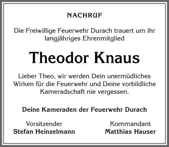 Traueranzeige von Theodor Knaus von Allgäuer Zeitung,Kempten