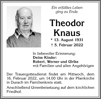 Traueranzeige von Theodor Knaus von Allgäuer Zeitung,Kempten