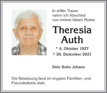 Traueranzeige von Theresia Auth von Allgäuer Zeitung,Kempten