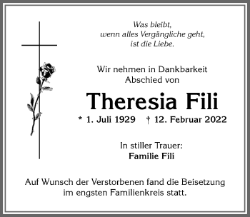 Traueranzeige von Theresia Fili von Allgäuer Anzeigeblatt