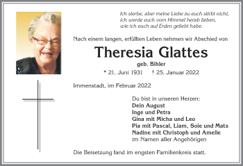 Traueranzeige von Theresia Glattes von Allgäuer Anzeigeblatt