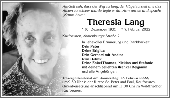 Traueranzeige von Theresia Lang von Allgäuer Zeitung, Kaufbeuren/Buchloe