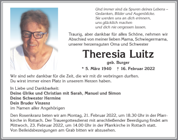 Traueranzeige von Theresia Luitz von Allgäuer Anzeigeblatt