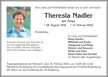 Traueranzeige von Theresia Nadler von Allgäuer Anzeigeblatt