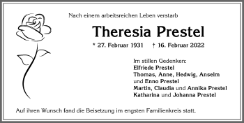 Traueranzeige von Theresia Prestel von Allgäuer Zeitung,Kempten