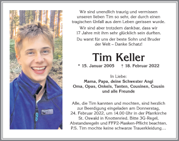 Traueranzeige von Tim Keller von Allgäuer Anzeigeblatt