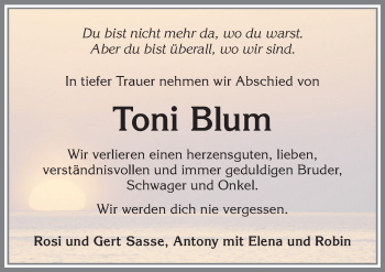 Traueranzeige von Toni Blum von Allgäuer Zeitung, Kaufbeuren/Buchloe