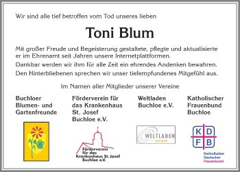 Traueranzeige von Toni Blum von Allgäuer Zeitung, Kaufbeuren/Buchloe