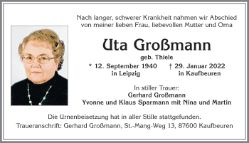 Traueranzeige von Uta Großmann von Allgäuer Zeitung, Kaufbeuren/Buchloe