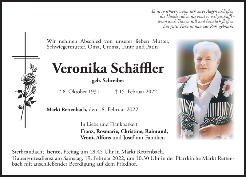  Traueranzeige für Veronika Schäffler vom 18.02.2022 aus Memminger Zeitung