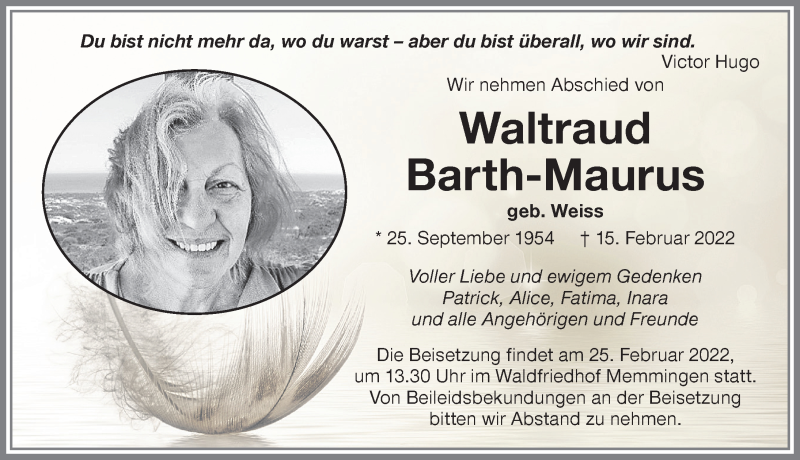  Traueranzeige für Waltraud Barth-Maurus vom 23.02.2022 aus Memminger Zeitung