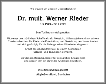 Traueranzeige von Werner Rieder von Allgäuer Anzeigeblatt
