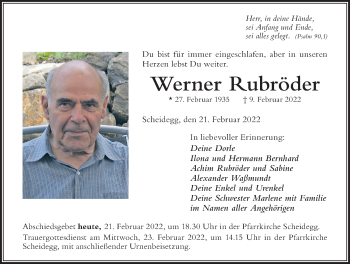 Traueranzeige von Werner Rubröder von Der Westallgäuer