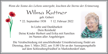 Traueranzeige von Wilma Kuttner von Allgäuer Zeitung, Marktoberdorf