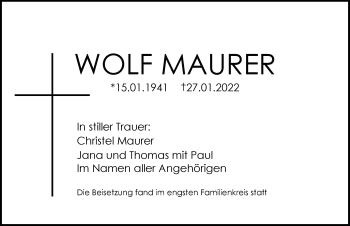 Traueranzeige von Wolf Maurer von Allgäuer Zeitung, Füssen