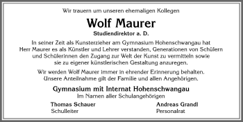 Traueranzeige von Wolf Maurer von Allgäuer Zeitung, Füssen