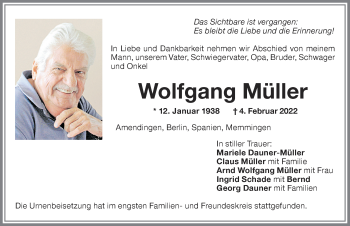 Traueranzeige von Wolfgang Müller von Memminger Zeitung