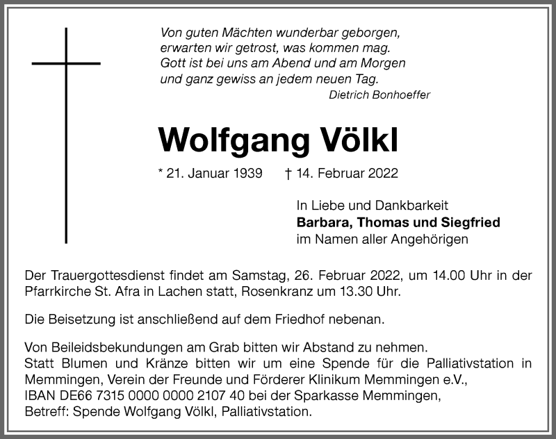  Traueranzeige für Wolfgang Völkl vom 23.02.2022 aus Memminger Zeitung