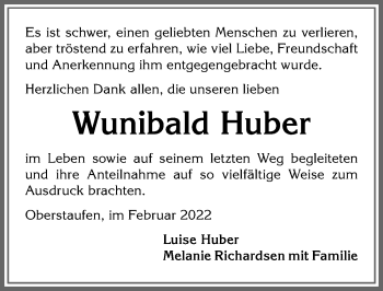 Traueranzeige von Wunibald Huber von Allgäuer Anzeigeblatt