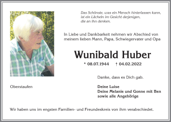 Traueranzeige von Wunibald Huber von Allgäuer Anzeigeblatt