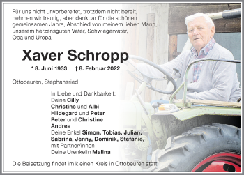 Traueranzeige von Xaver Schropp von Memminger Zeitung