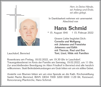Traueranzeige von Hans Schmid 