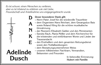 Traueranzeige von Adelinde Dusch von Allgäuer Zeitung,Kempten