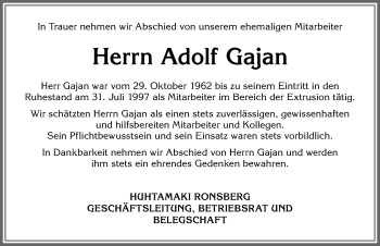 Traueranzeige von Adolf Gajan von Allgäuer Zeitung, Marktoberdorf