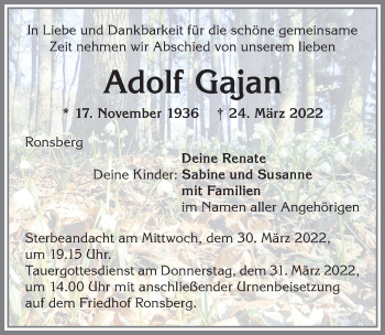 Traueranzeige von Adolf Gajan von Allgäuer Zeitung, Marktoberdorf