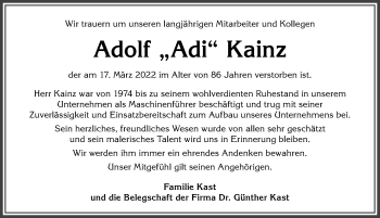 Traueranzeige von Adolf Kainz von Allgäuer Anzeigeblatt